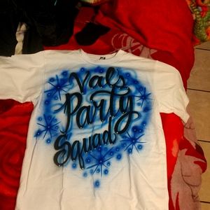 White tee that says vals party squad